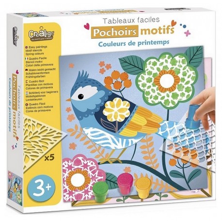 COFFRET 5 POCHOIRS MOTIFS COULEURS DE PRINTEMPS - 5 TABLEAUX 4 ENCREURS-LiloJouets-Morbihan-Bretagne