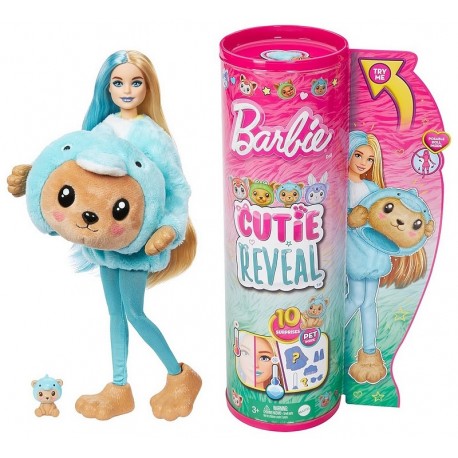 BARBIE CUTIE REVEAL OURSON DAUPHIN BLEU - TUBE 10 SURPRISES ET POUPEE 30CM-LiloJouets-Questembert-Muzillac-Morbihan