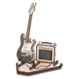 MAQUETTE GUITARE ELECTRIQUE EN BOIS ET SON AMPLI SUR SOCLE